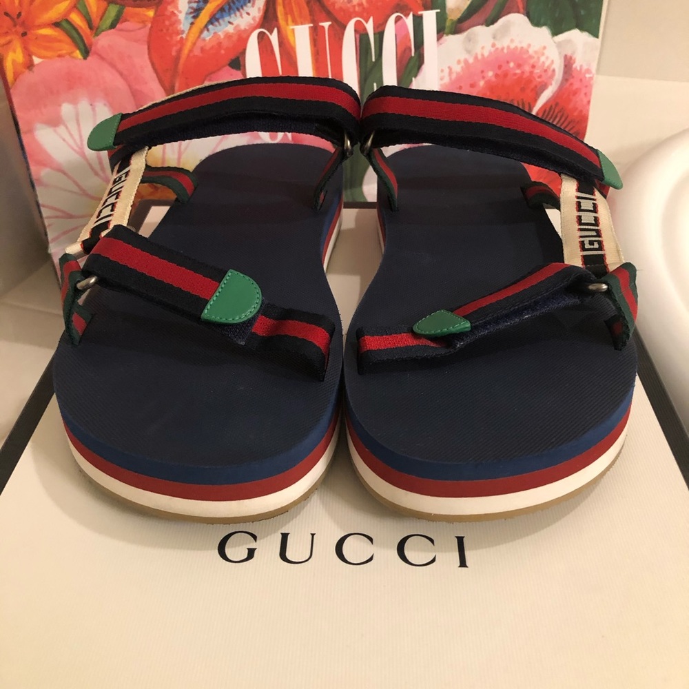 GUCCI red white and blue sandals. Size 10